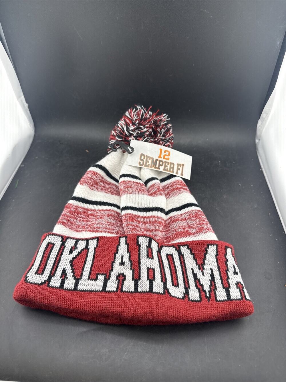 Vintage Oklahoma Sooners Knit Beanie Hat Pom Semper Fi Crimson Red White Striped